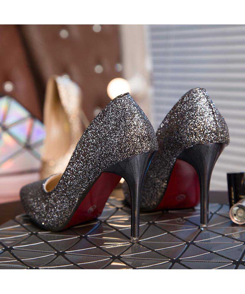 Black sequin pattern slip on high heel 