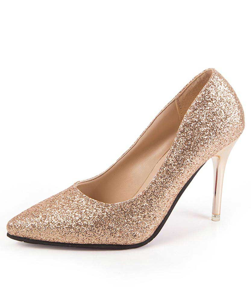 Golden sequin pattern slip on high heel dress shoe 01
