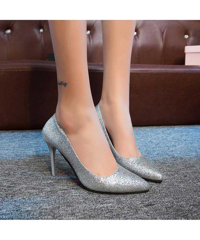 Silver sequin pattern slip on high heel 