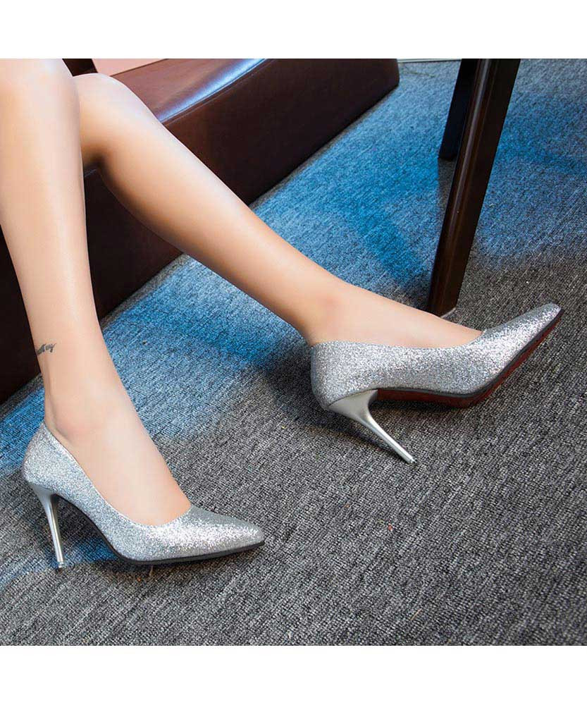 Silver sequin pattern slip on high heel 