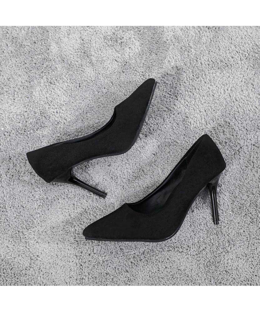 Black suede slip on mid heel dress shoe 