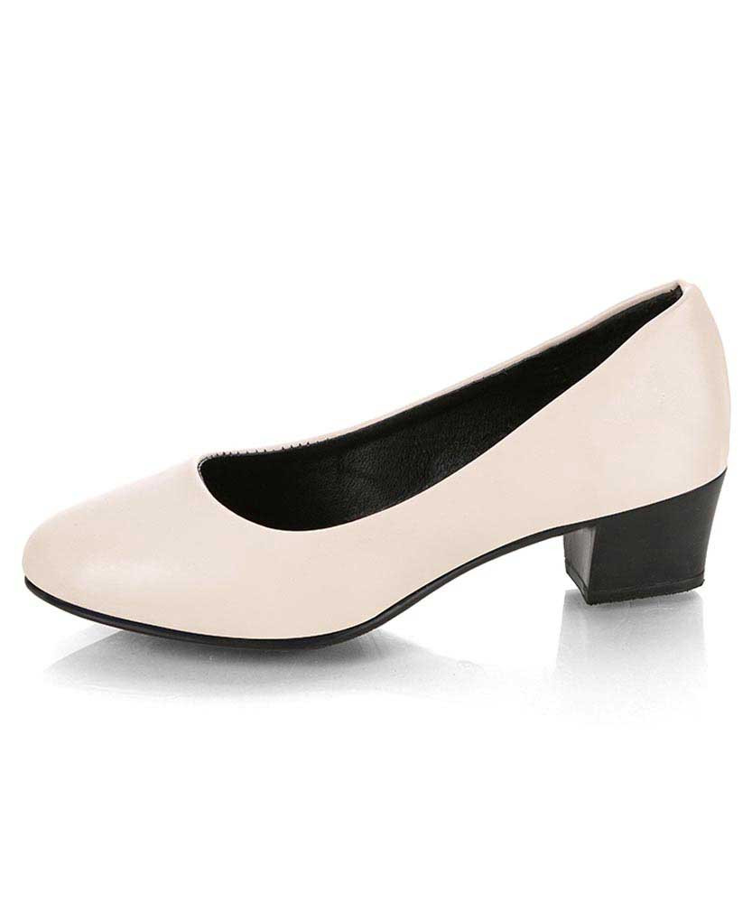 Beige slip on low thick heel dress shoe in plain 01