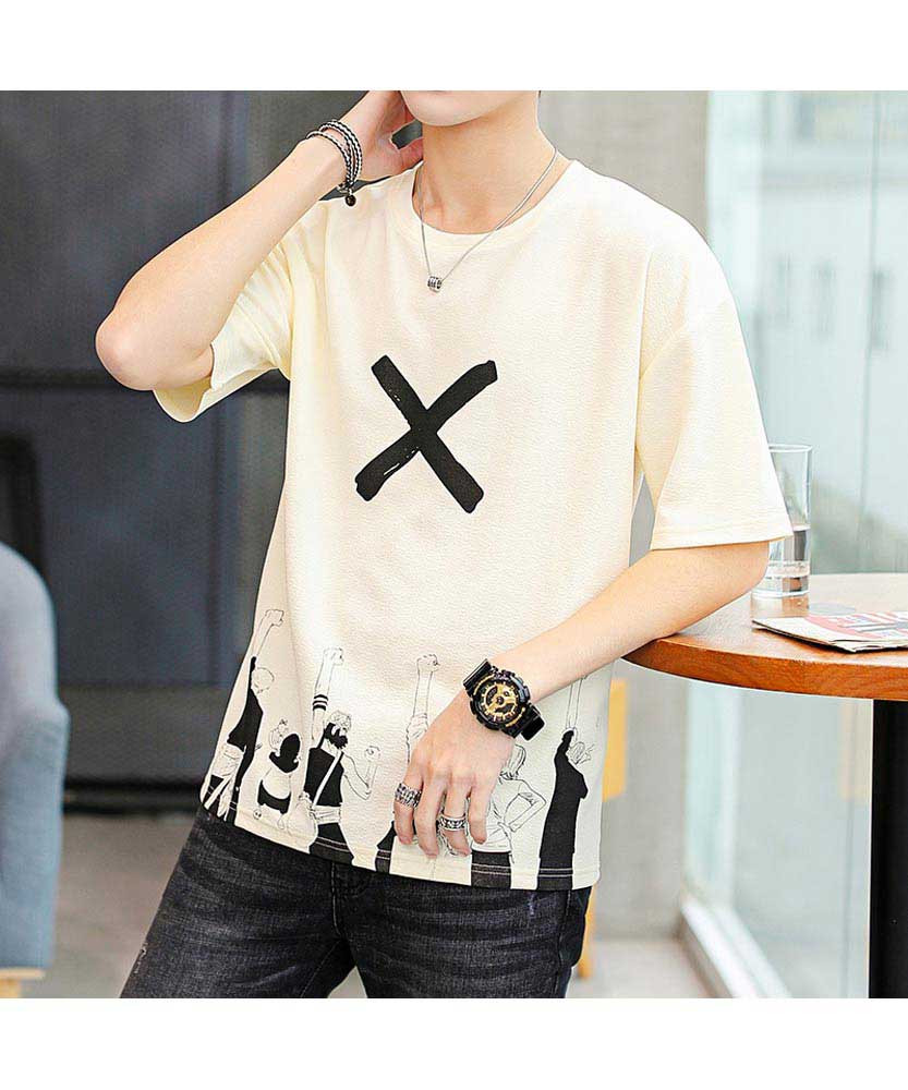 Yellow X cross animation print short sleeve t shirt 01