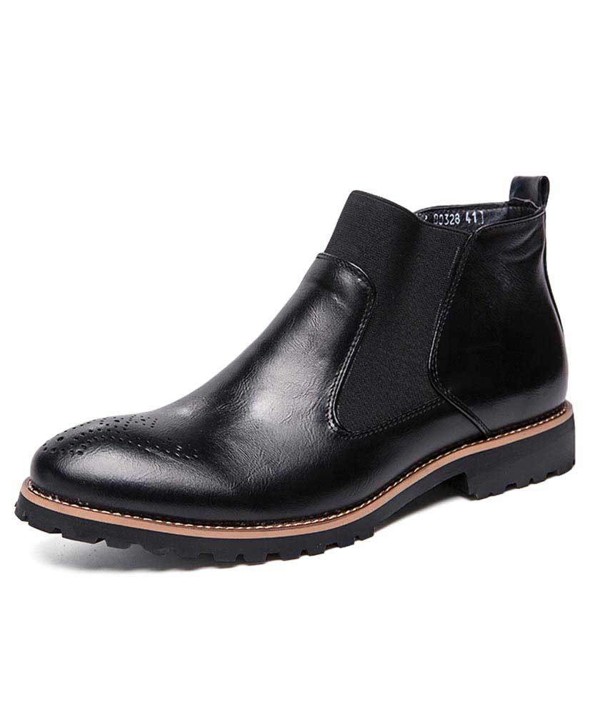 Men's black retro brogue slip on dress shoe boot 01