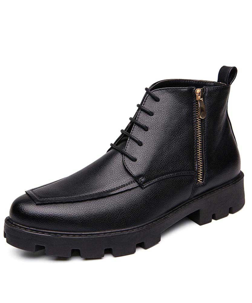 Men's black side zip plain leather derby dress shoe boot 01