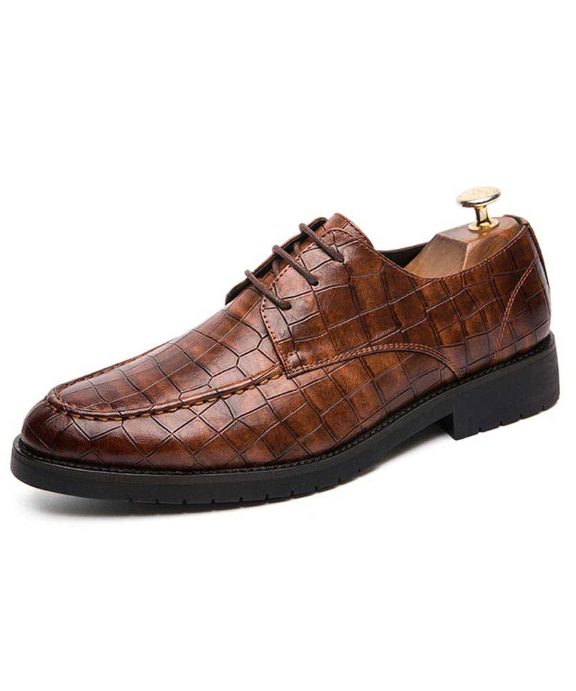 Men's brown retro check pattern leather derby dress shoe 01