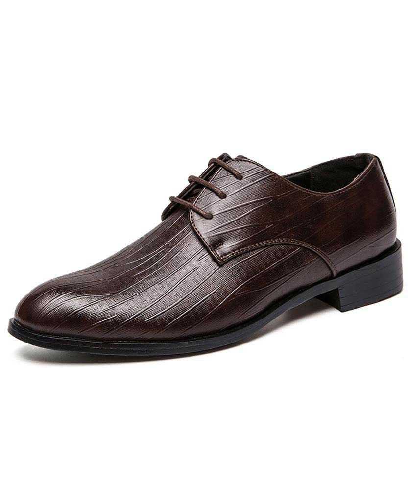 Men's brown random stripe pattern leather derby dress shoe 01