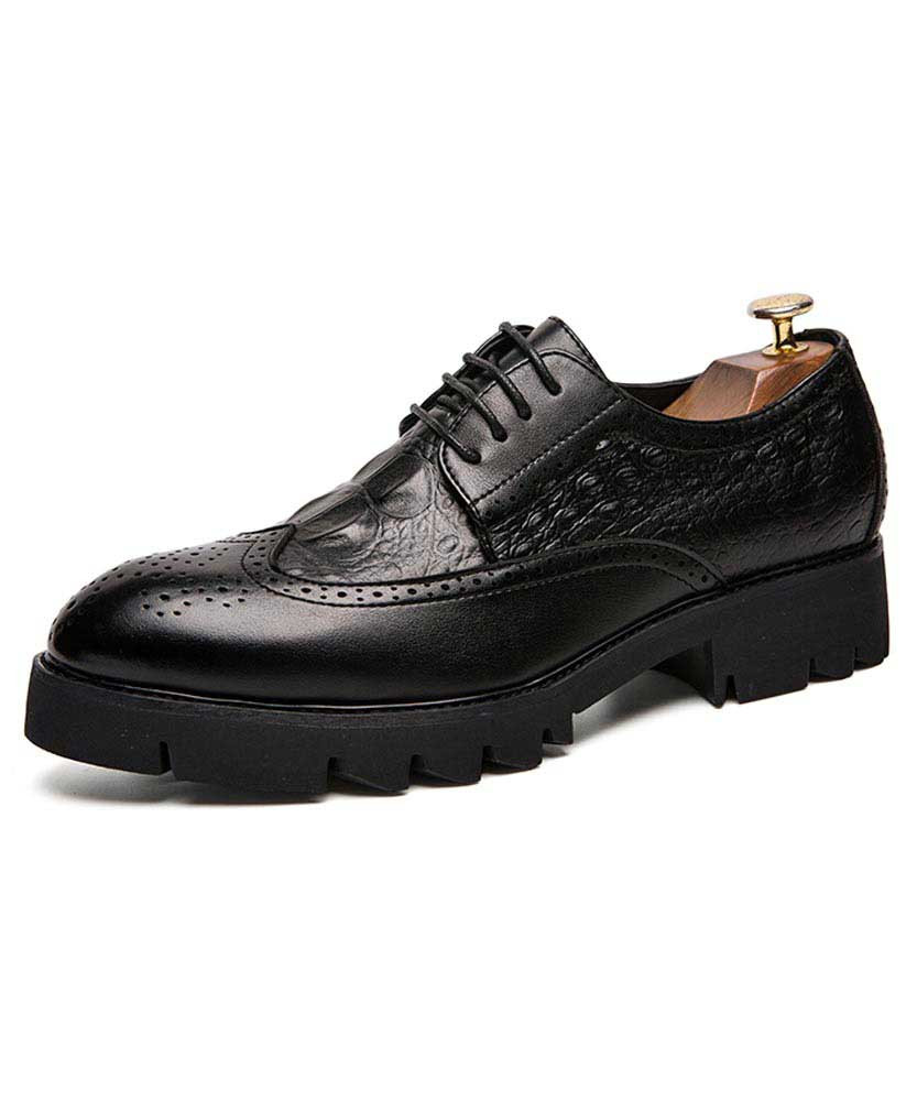 Men's black croco skin pattern brogue leather derby dress shoe 01