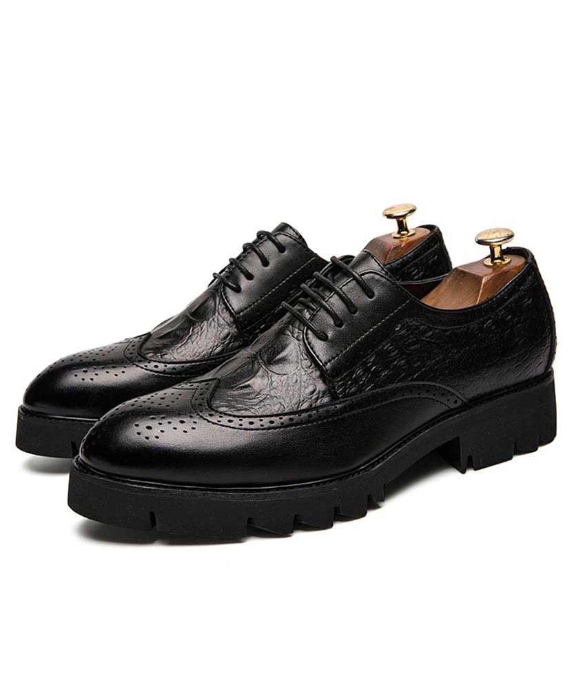 Black crocodile skin pattern brogue leather derby dress shoe | Mens dress  shoes online 1792MS