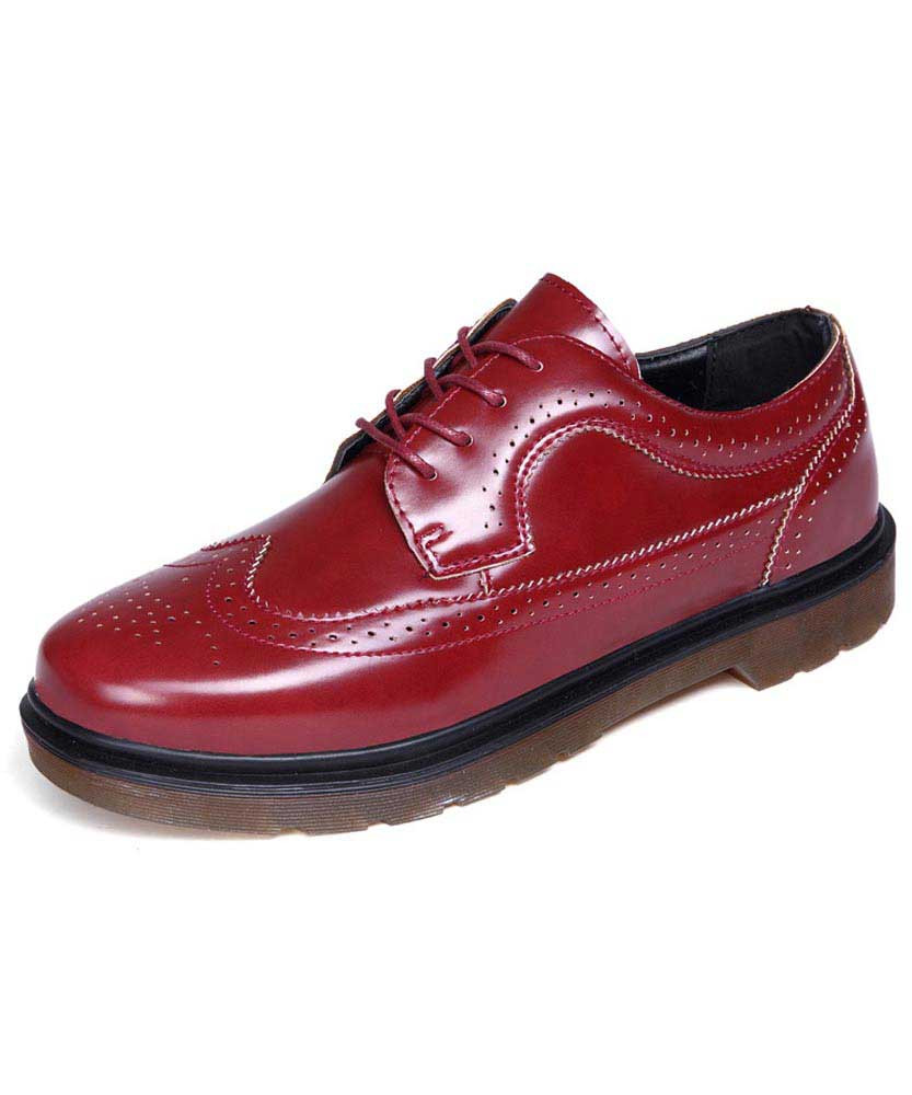 Men's red brogue leather derby dress shoe round toe 01