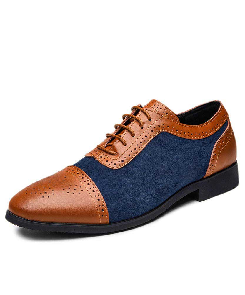 Men's brown navy retro brogue suede leather oxford dress shoe 01