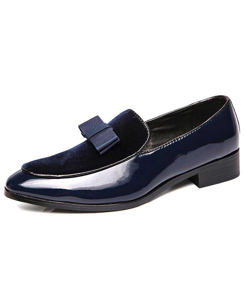Men's blue suede leather slip on dress shoe with bow tie 01