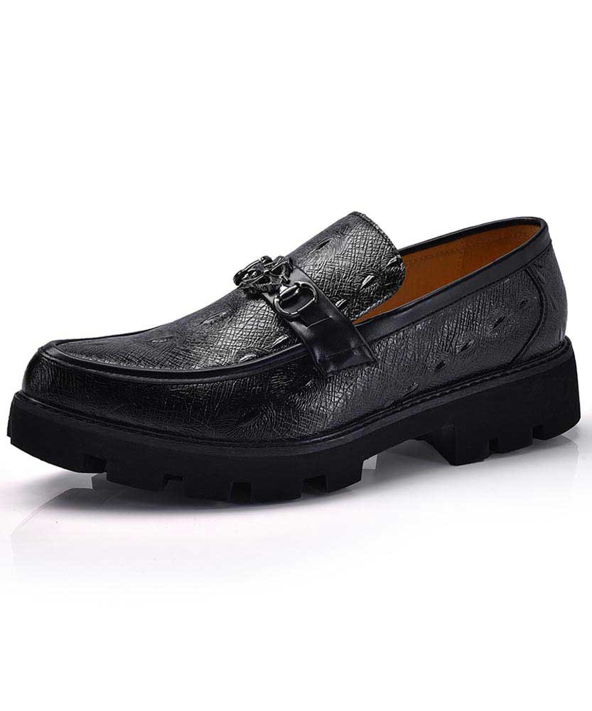 Men's black buckle croco skin pattern leather slip on dress shoe 01
