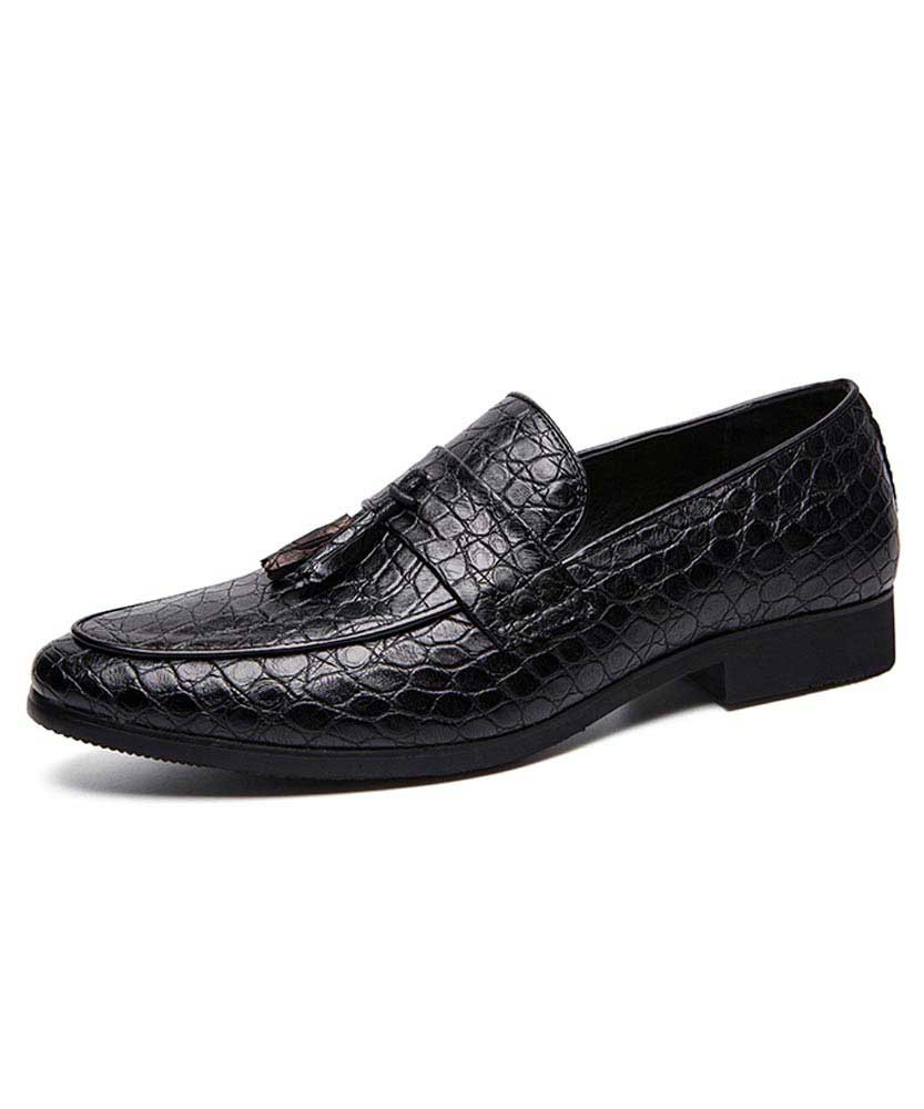 Men's black tassel croco skin pattern leather slip on dress shoe 01