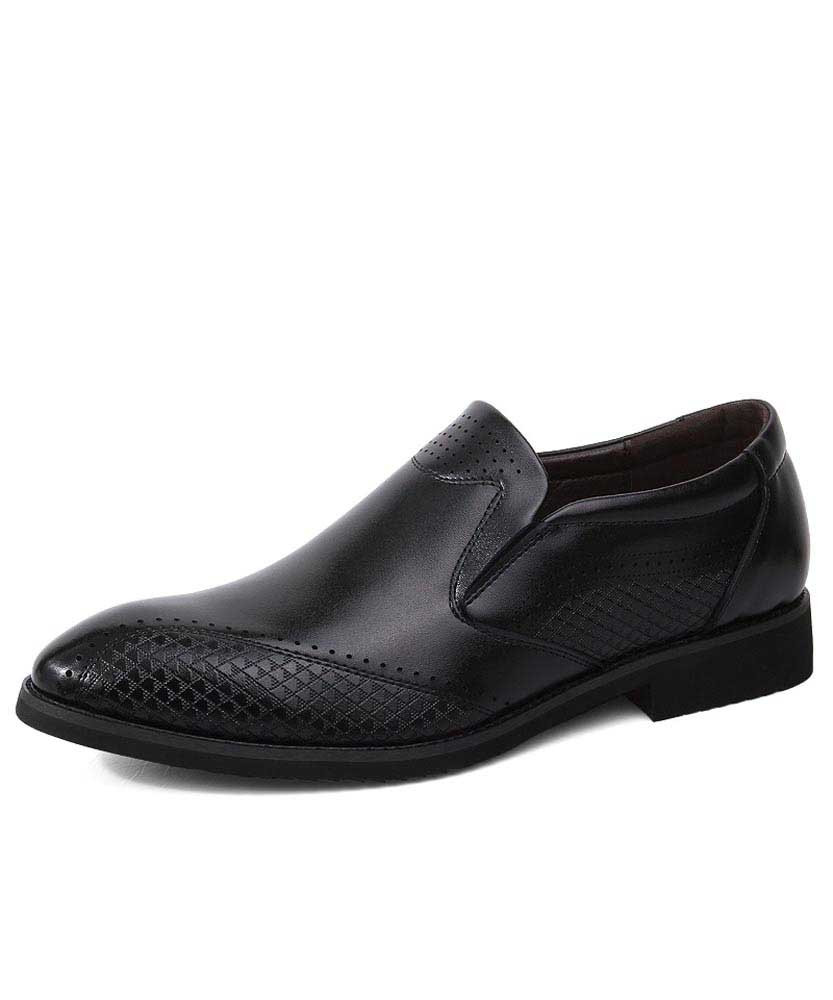 Men's black brogue check on side leather slip on dress shoe 01