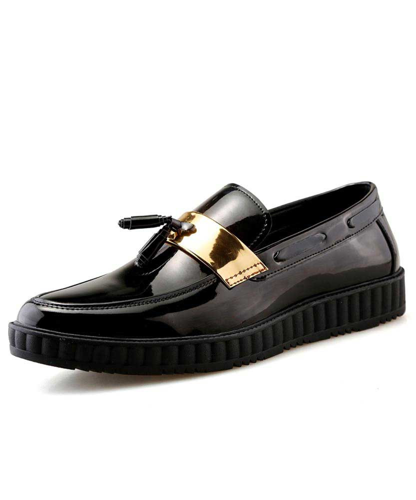 Men's black golden panel tassel leather slip on dress shoe 01