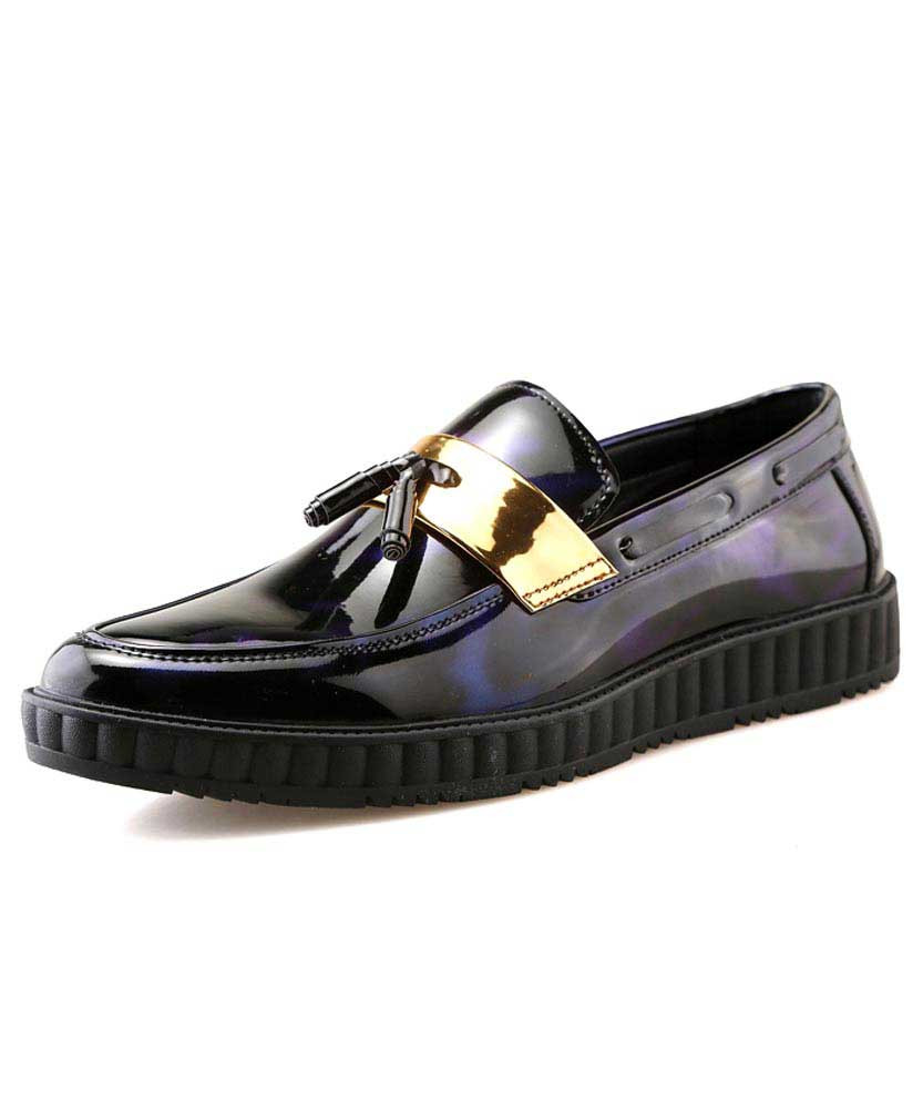 Men's blue golden panel tassel leather slip on dress shoe 01