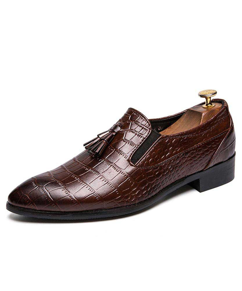 Men's brown tassel crocodile pattern leather slip on dress shoe 01