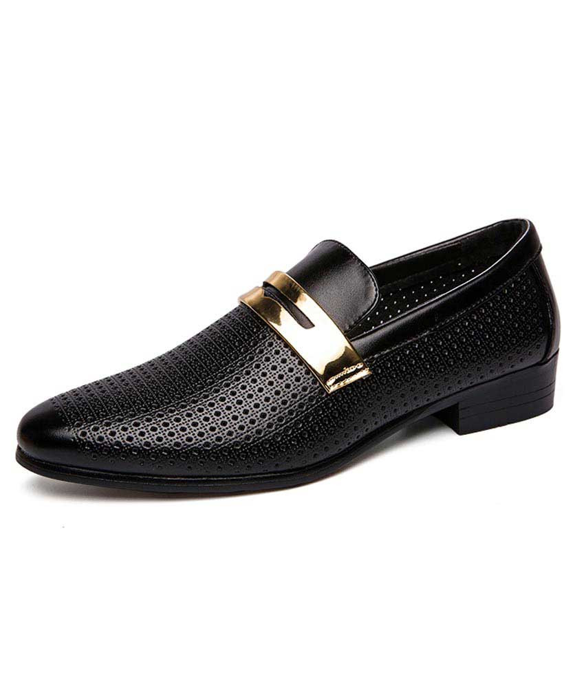 Men's black golden panel hollow leather slip on dress shoe 01