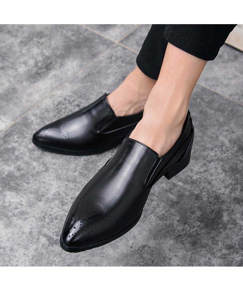 Black brogue leather slip on dress shoe 