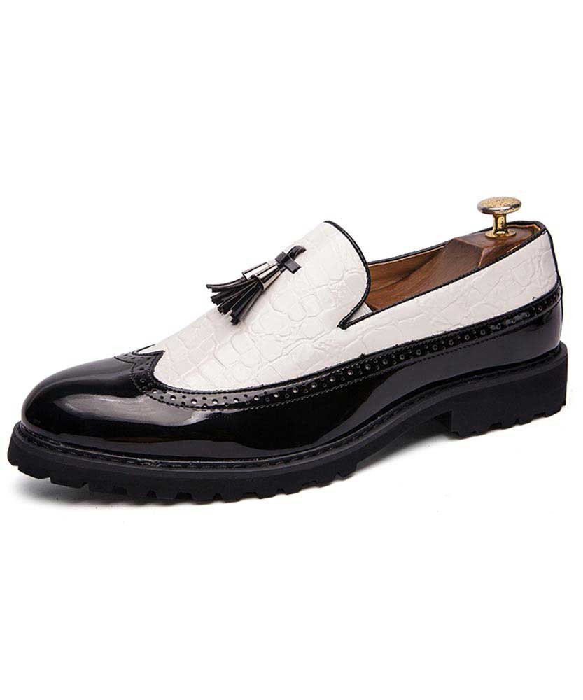 Men's white brogue croco patent slip on dress shoe with tassel 01