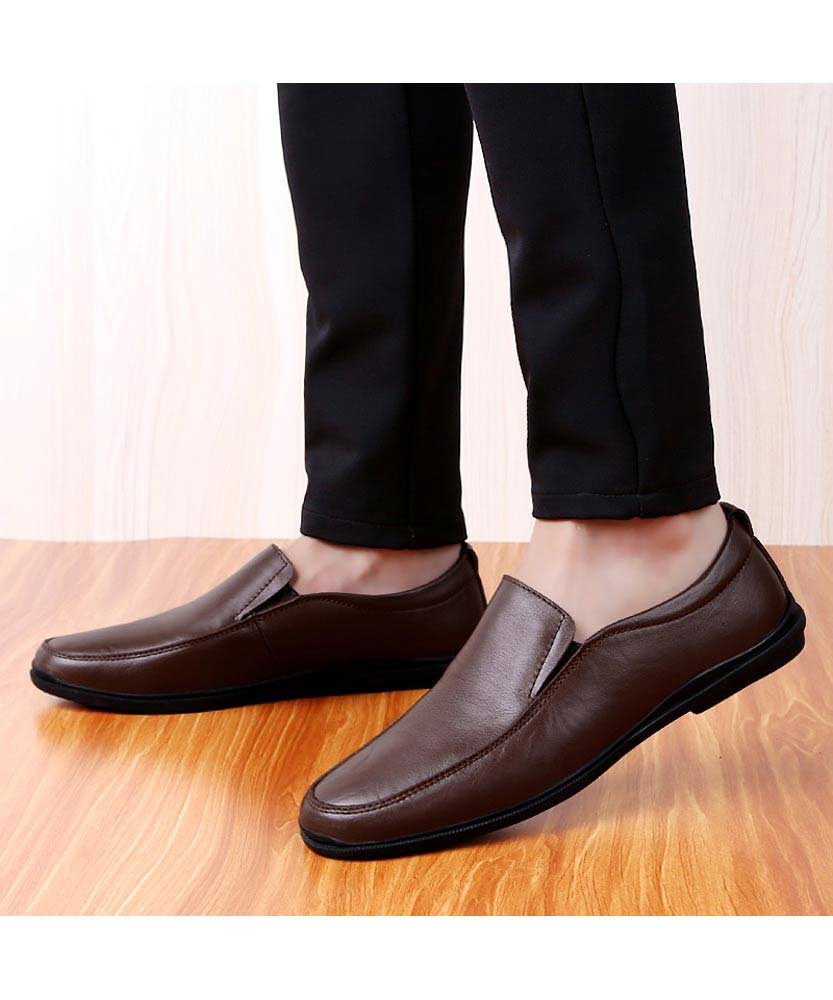 Brown plain leather slip on shoe loafer 