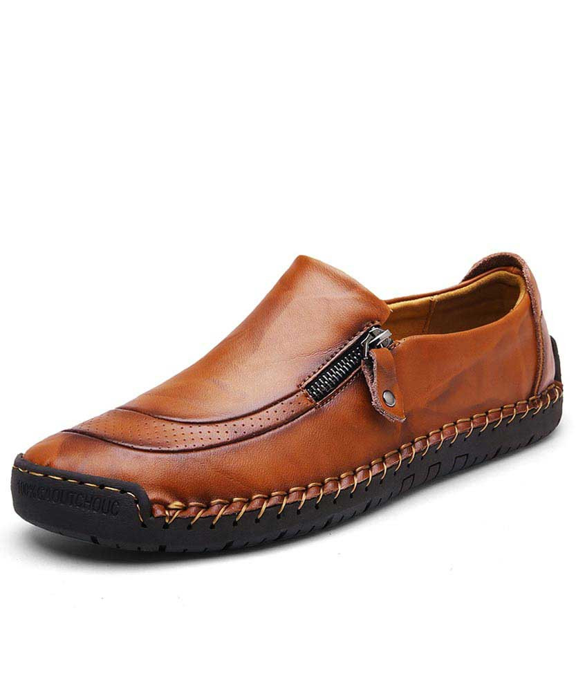 Men's brown retro leather slip on shoe loafer zip on side 01
