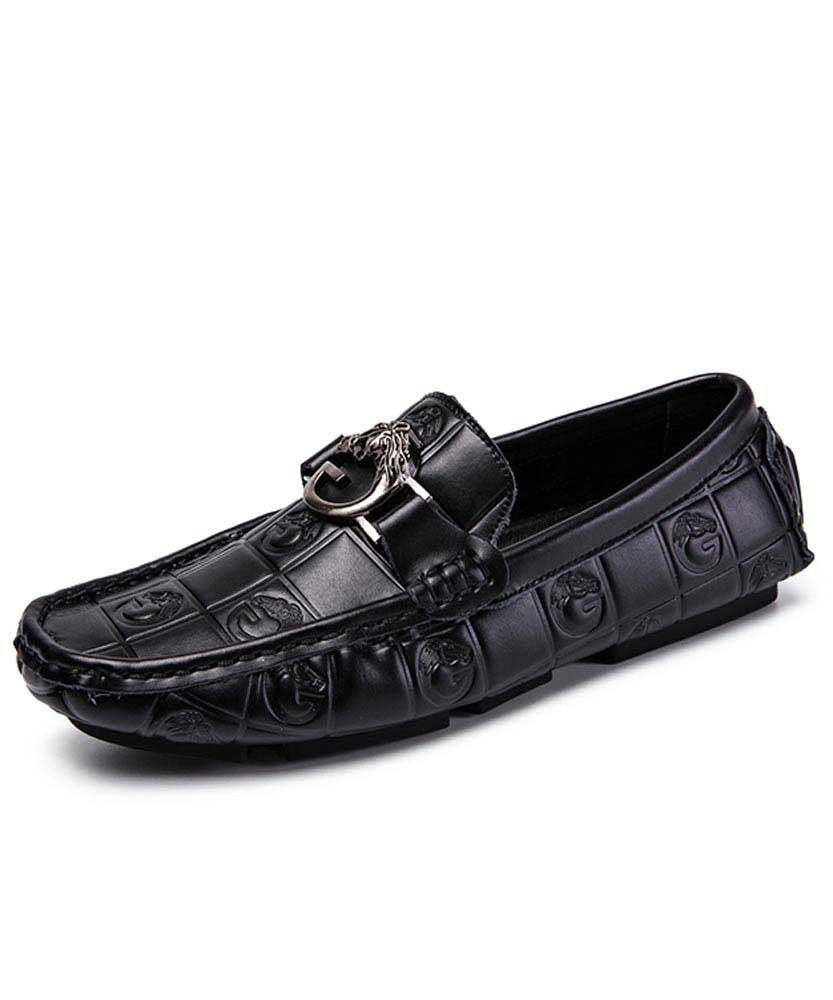 Men's black metal buckle check leather slip on shoe loafer 01