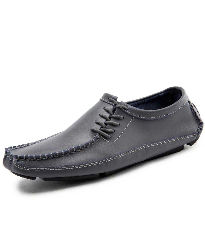 Men's grey leather slip on shoe loafer lace on side 01