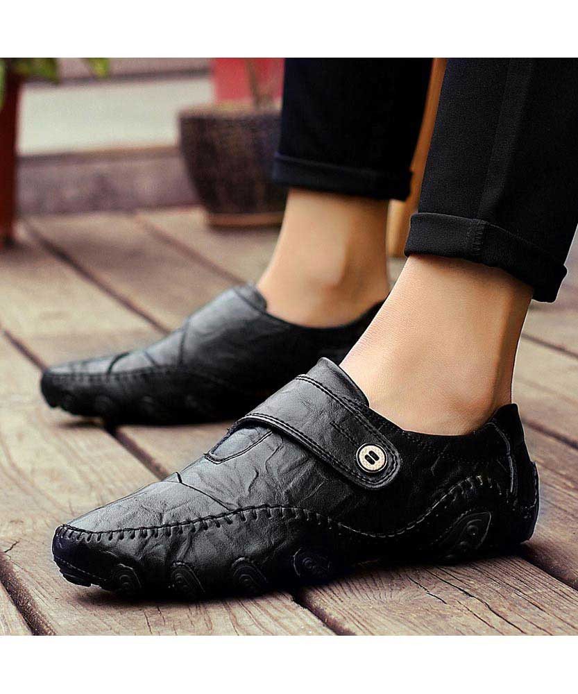 Black velcro sewed leather slip on shoe loafer | Mens shoe loafers ...