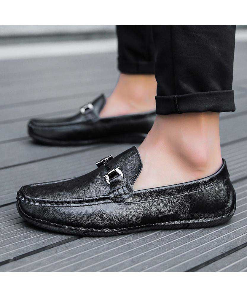 Black metal buckle leather slip on 