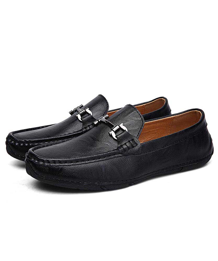 Black metal buckle leather slip on 