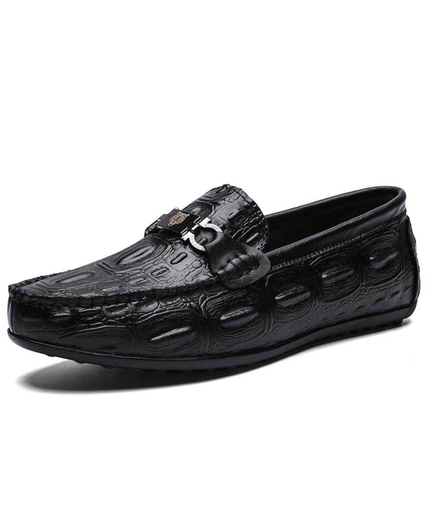 Men's black metal buckle crocodile pattern leather slip on loafer 01