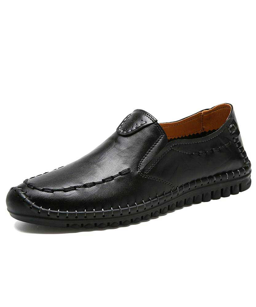 Men's black retro sewed leather slip on shoe loafer 01