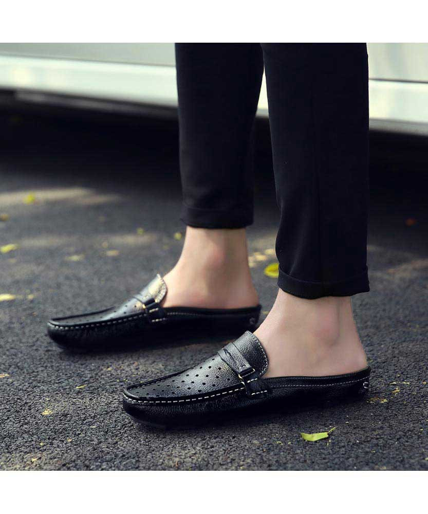 Black hollow leather slip on half shoe penny loafer | Mens shoe loafers ...