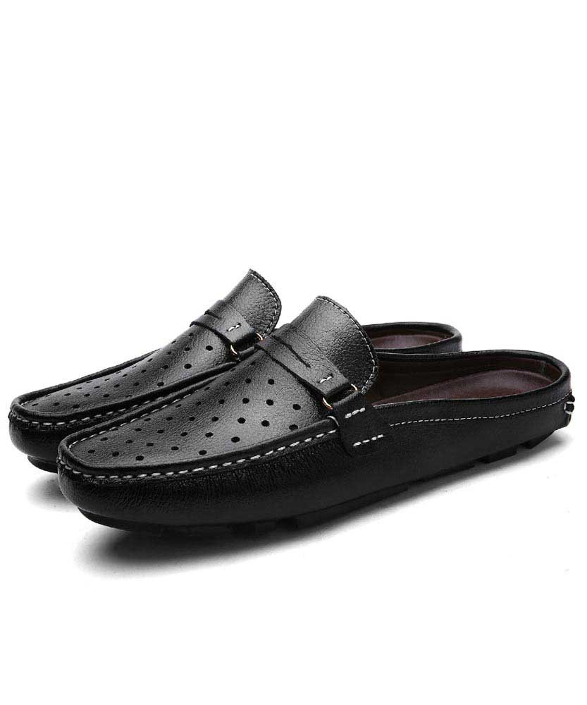 Black hollow leather slip on half shoe penny loafer | Mens shoe loafers ...
