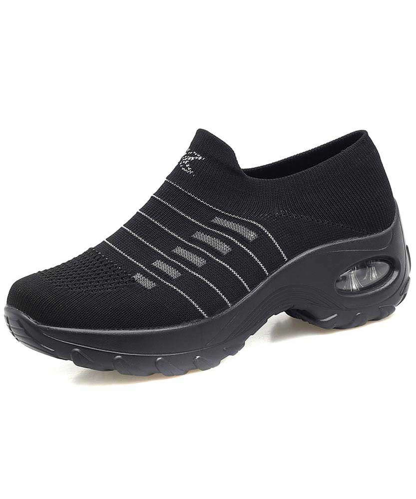 Women's black stripe slip on sock like double rocker bottom sneaker 01