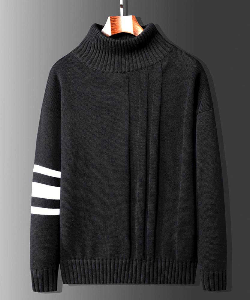 Men's black white stripe high neck long sleeve sweater 01