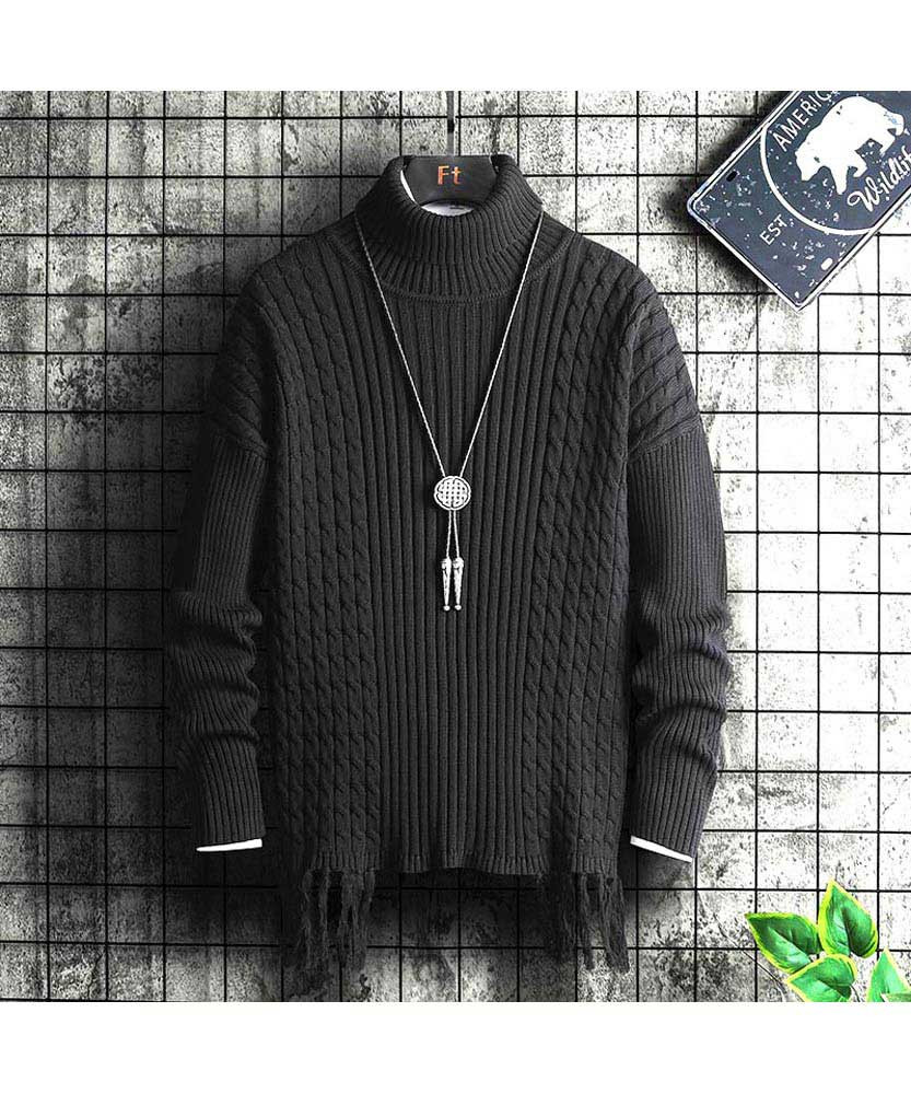 Men's black tassel stripe high neck long sleeve sweater 01