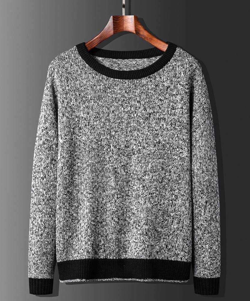 Men's grey contrast black knit detail long sleeve sweater 01