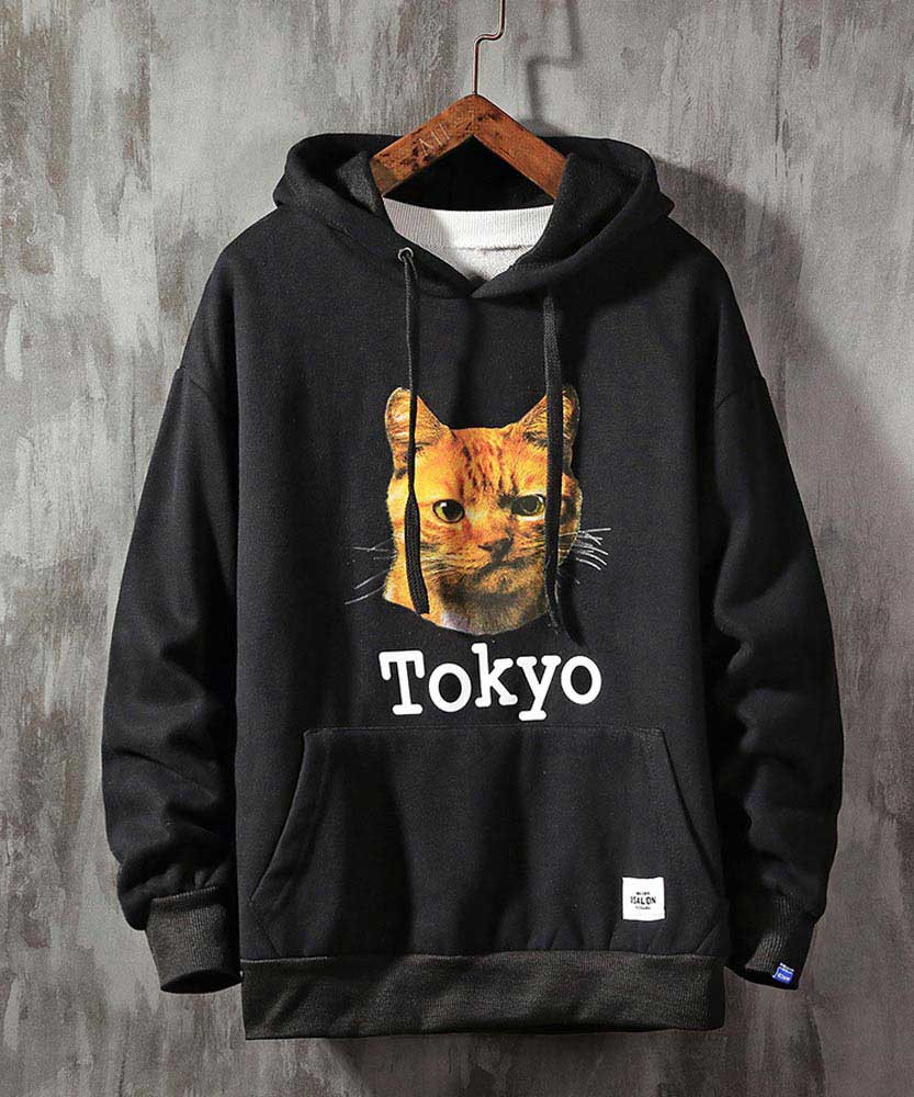 Men's black Tokyo cat pattern print hoodies with pouch pocket 01