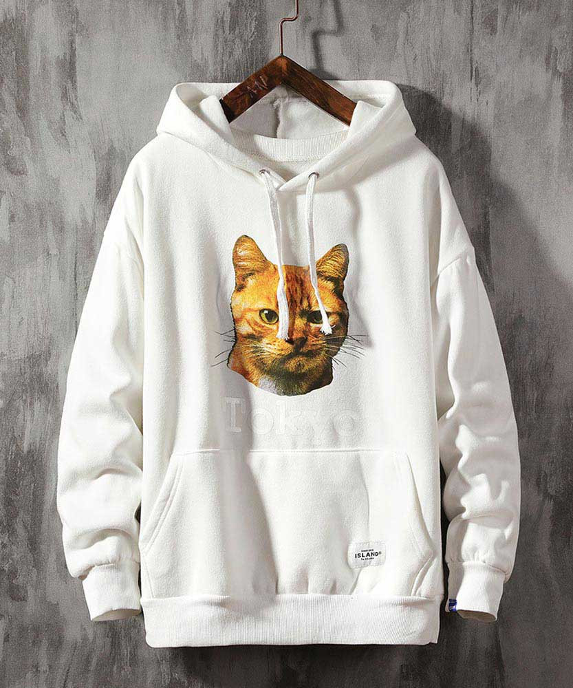 Men's white Tokyo cat pattern print hoodies with pouch pocket 01