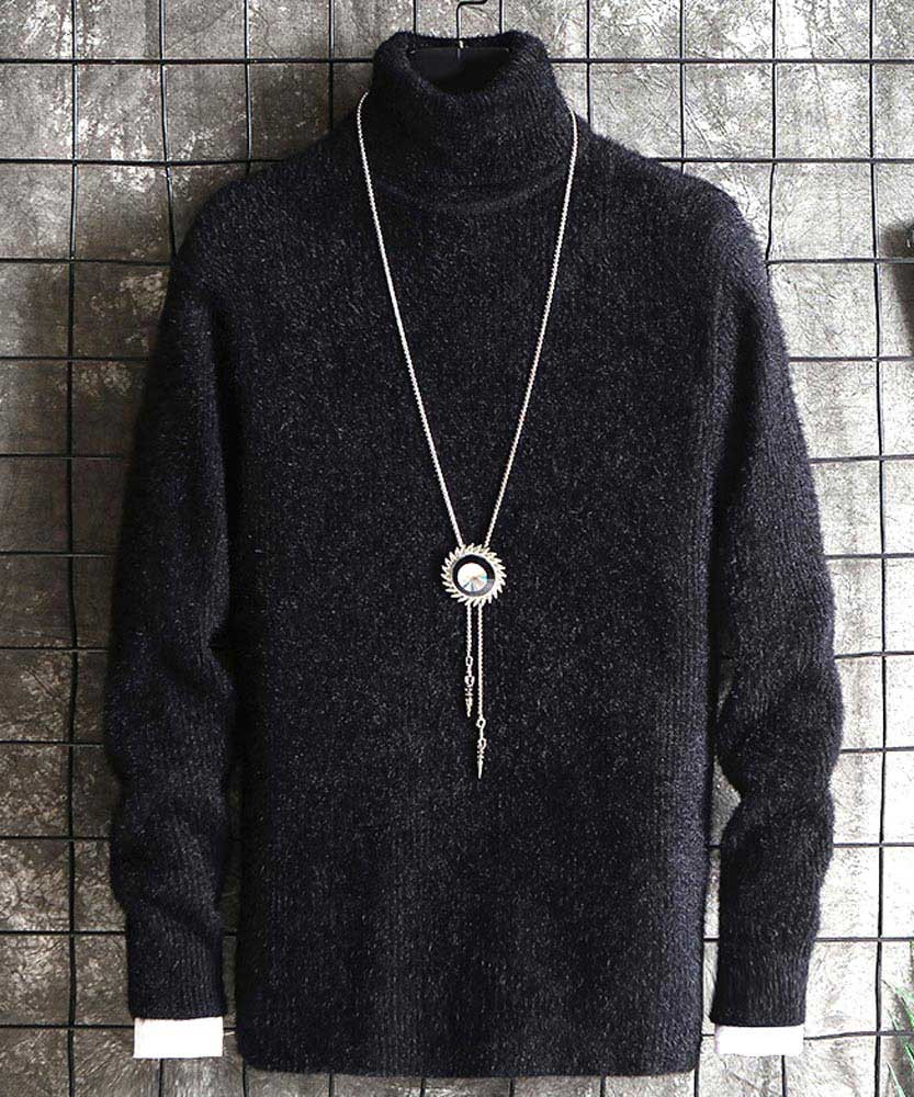 Men's black high neck pull over sweater in plain