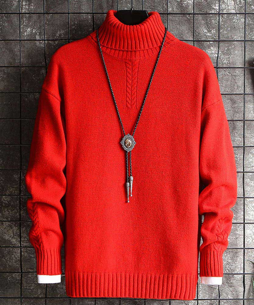 Men's red rope texture pull over sweater in plain