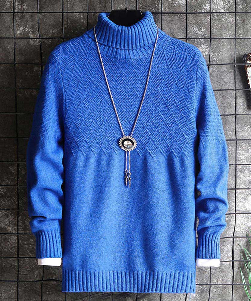 Men's blue rhombus pattern high neck pull over sweater