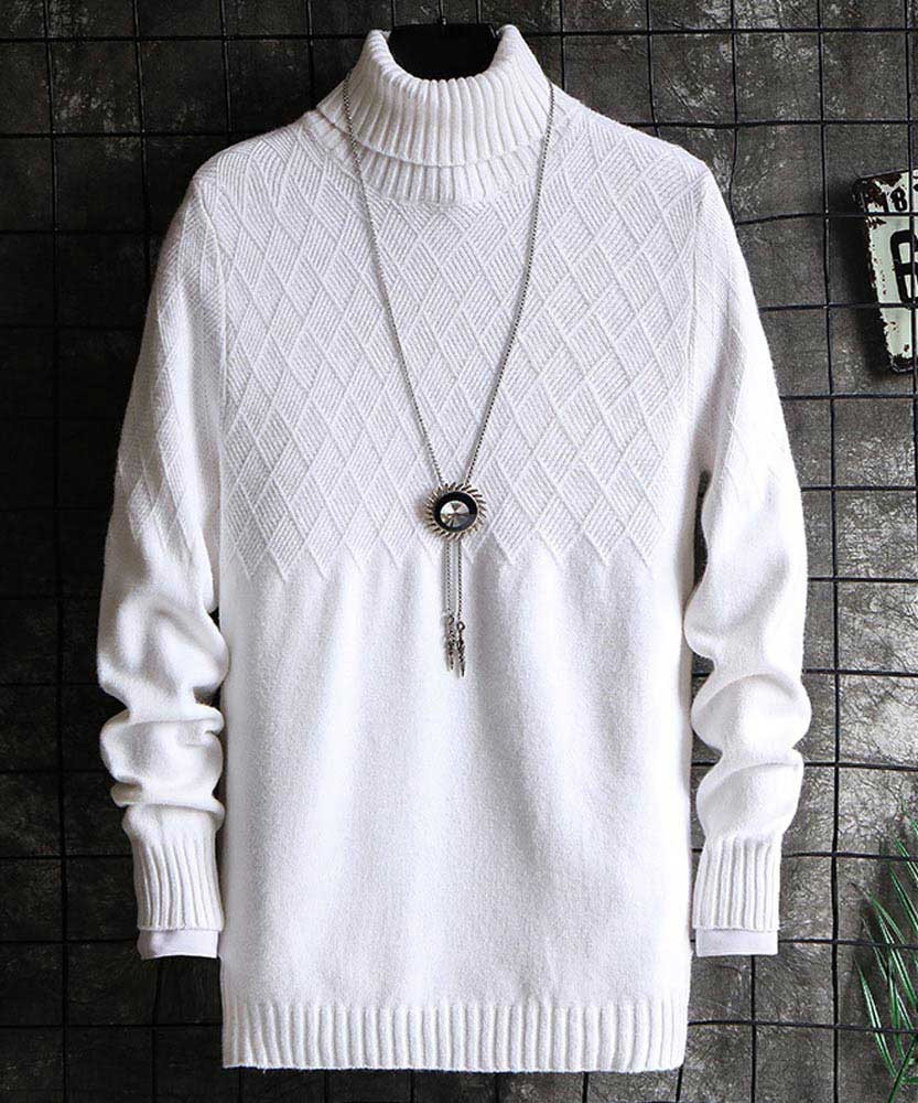 Men's white rhombus pattern high neck pull over sweater