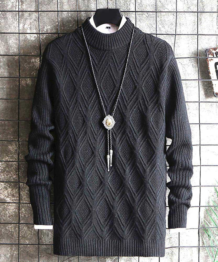 Men's black rhombus stripe texture pull over sweater