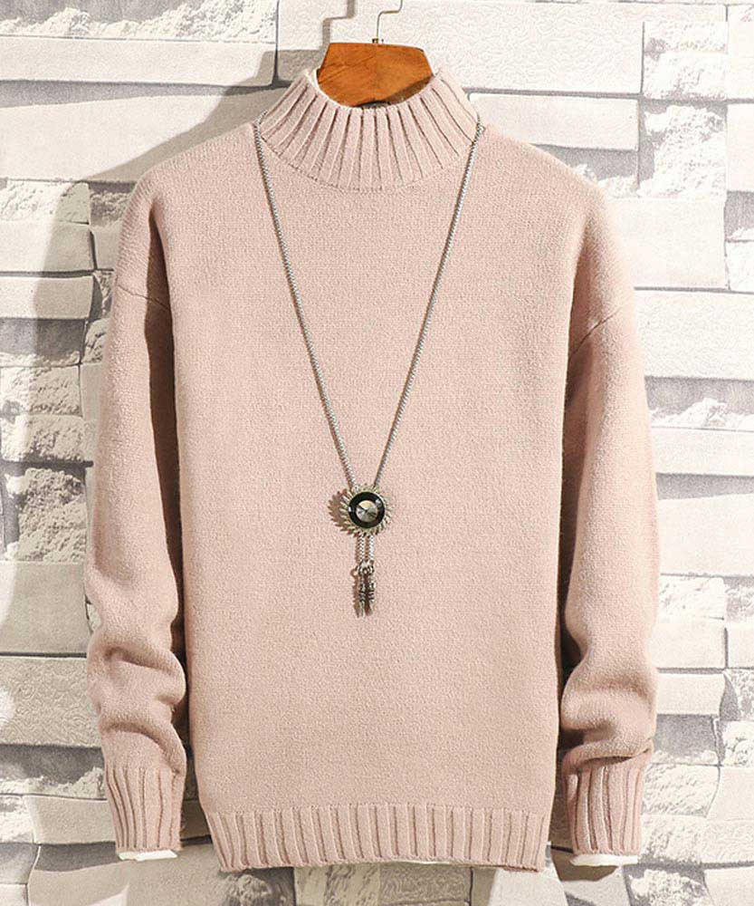 Men's pink plain color pull over sweater