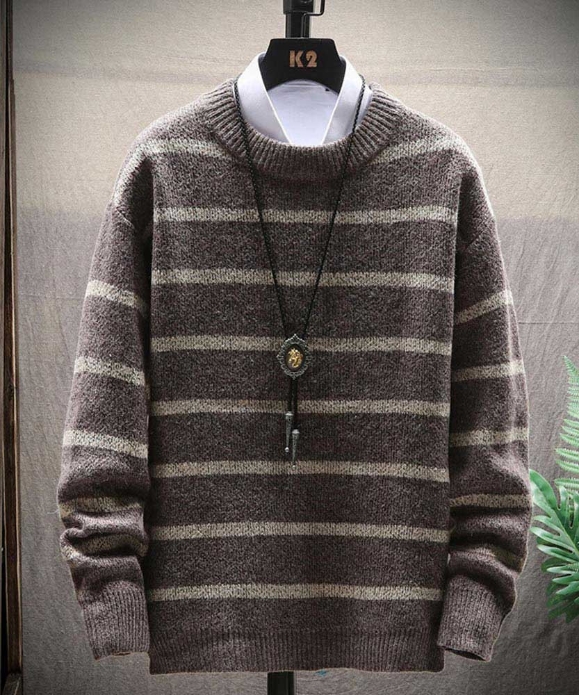 Men's khaki stripe texture pull over sweater 01