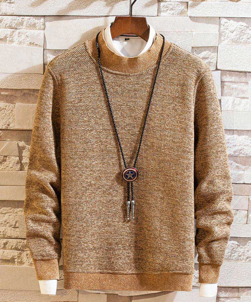 Men's khaki textured long sleeve pull over sweater 01